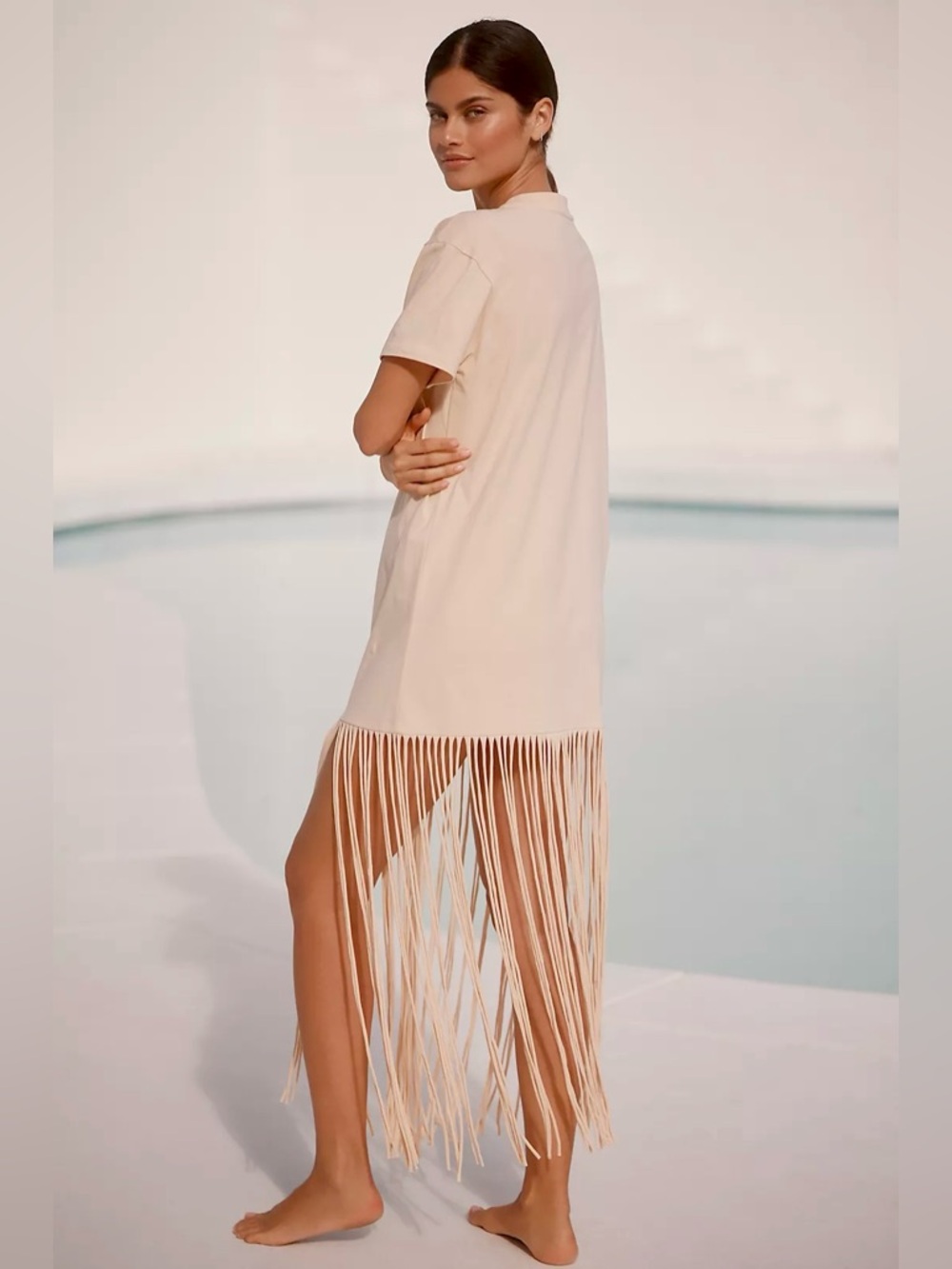 FARM Rio Peach Tropical Banana Fringe Swim Cover-Up T-Shirt Dress Size XS - Picture 2 of 11